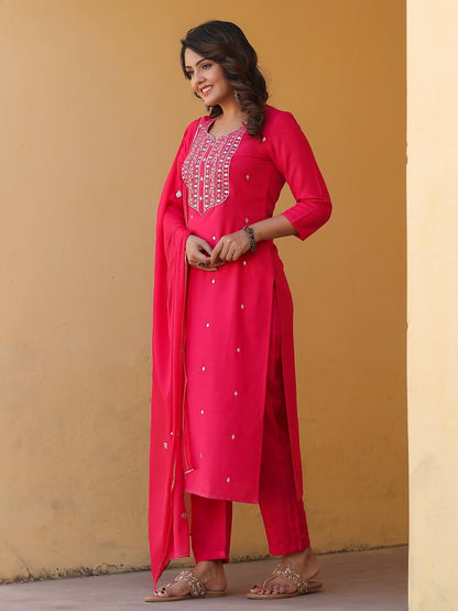GoSriKi Women's Kurta Set with Trousers & Dupatta, XL, Pink - Model Kasturi-Clrs-Nw-GS