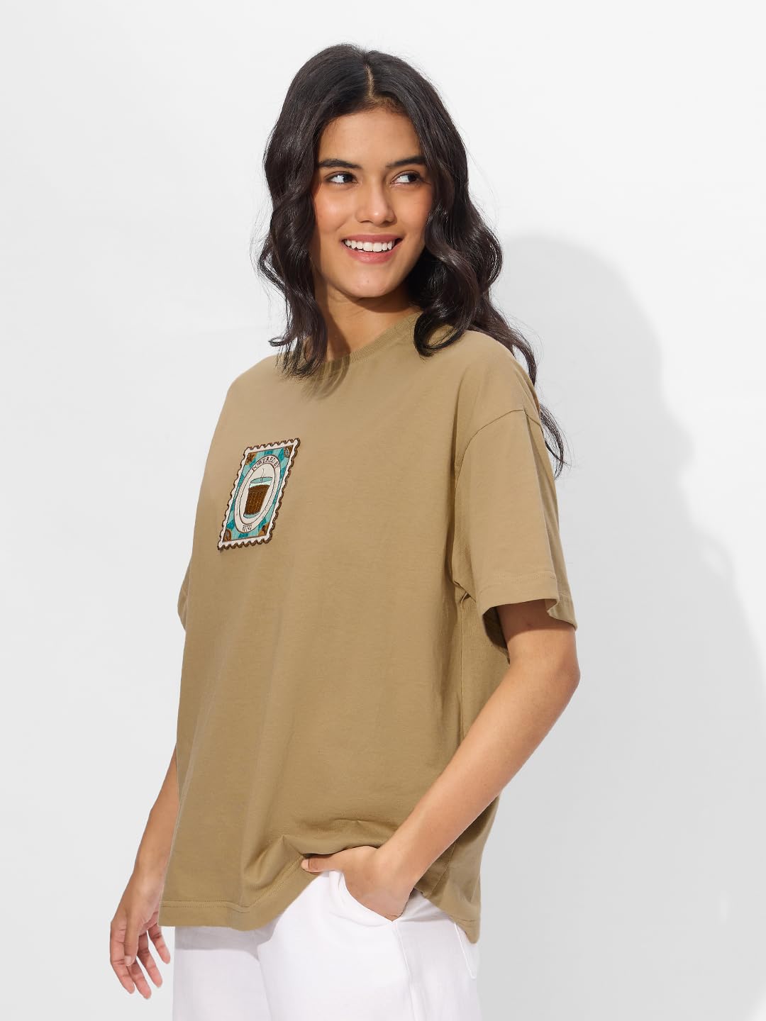 The Souled Store Chai Stamp Women and Girls Short Sleeves Round Neck Brown Applique Patch Cotton Oversized T-Shirts