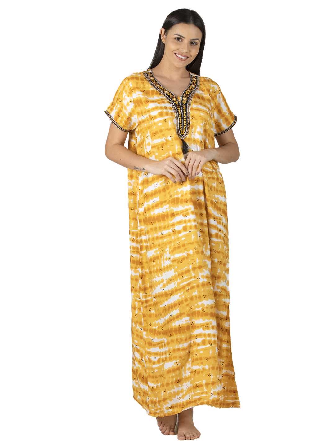 Evolove WomenS Viscose Liva Long Maxi Night Gown Nighty Dress With Pocket, Super Soft Comfortable (Mustard & White, Lngry3039Md
