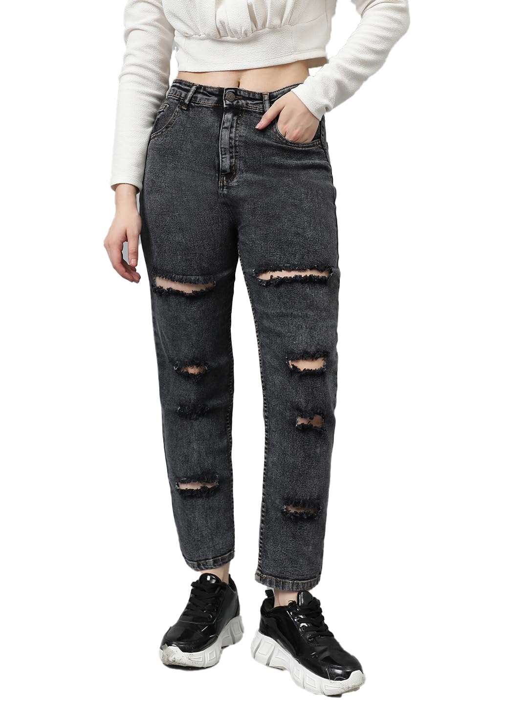 Kotty Women High Rise Cotton Lycra Distressed Jeans