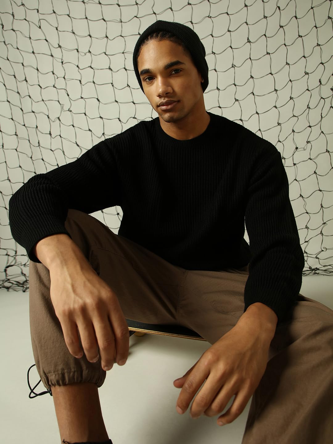 Hubberholme Men Knitted Acrylic Oversized Fit Round Neck Long Sleeve Sweaters Black