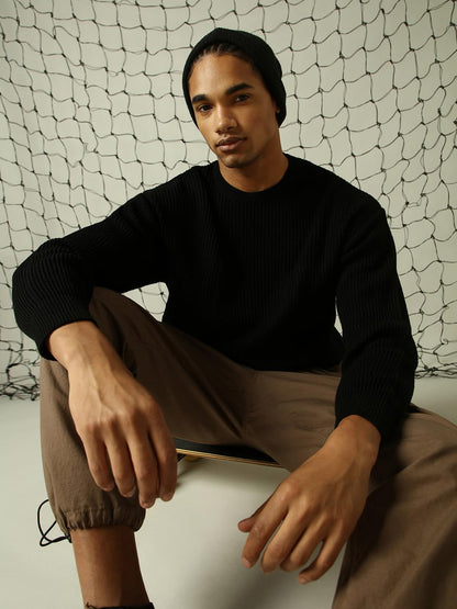 Hubberholme Men Knitted Acrylic Oversized Fit Round Neck Long Sleeve Sweaters Black