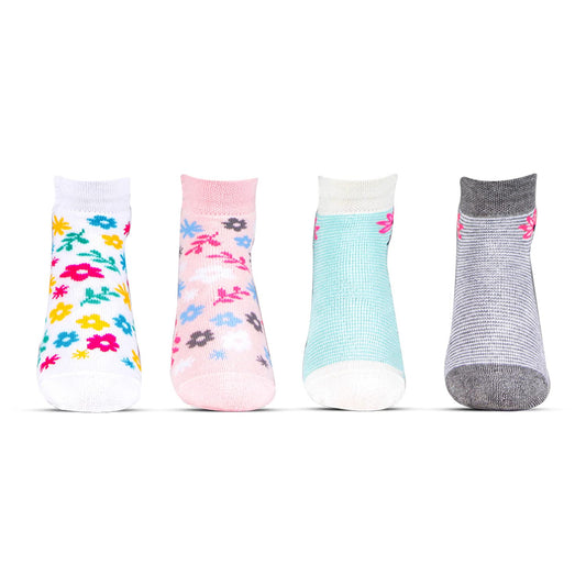 Bonjour Designer Sports Cushioned/Terry Ankle Length Socks for Kids- Girls- Pack Of 4