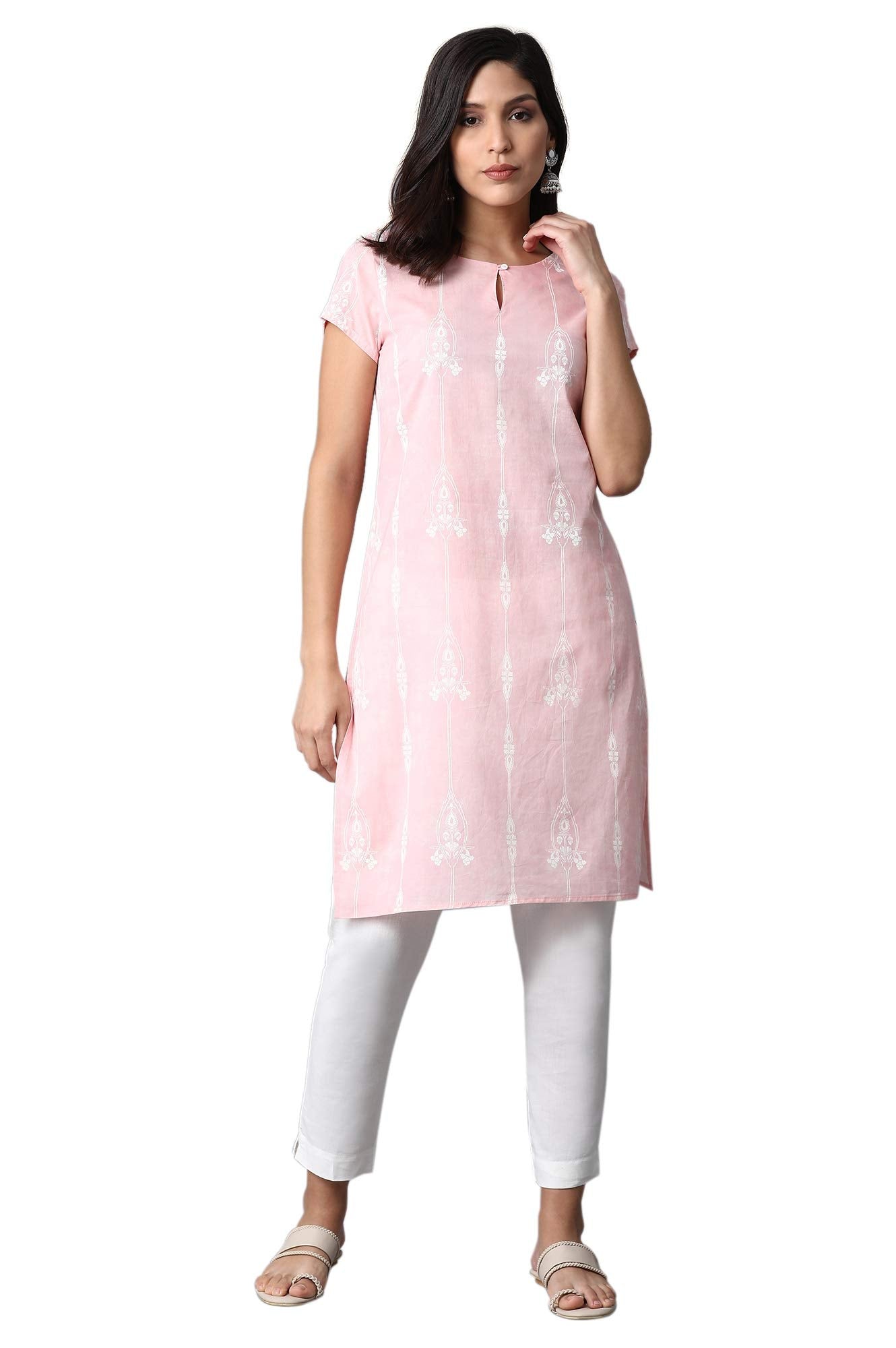 W Light Pink Floral Printed Regular Cotton Kurta For Women