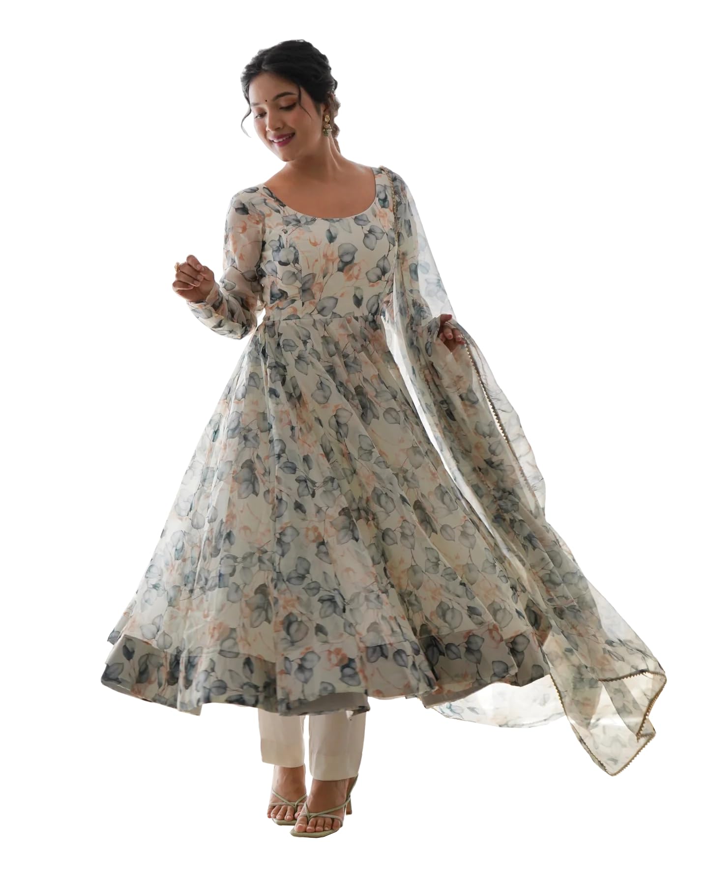 Women Floral Print Anarkali Kurta with Pant and Duptta (Medium, White-Beige)