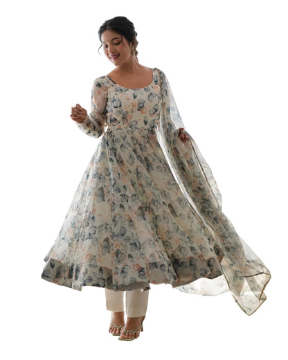 Women Floral Print Anarkali Kurta with Pant and Duptta (Medium, White-Beige)