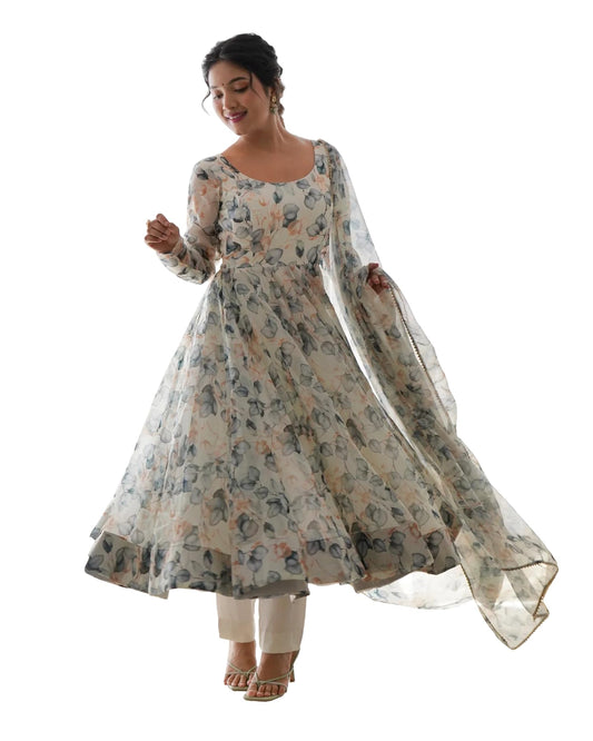 Women Floral Print Anarkali Kurta with Pant and Duptta (Medium, White-Beige)