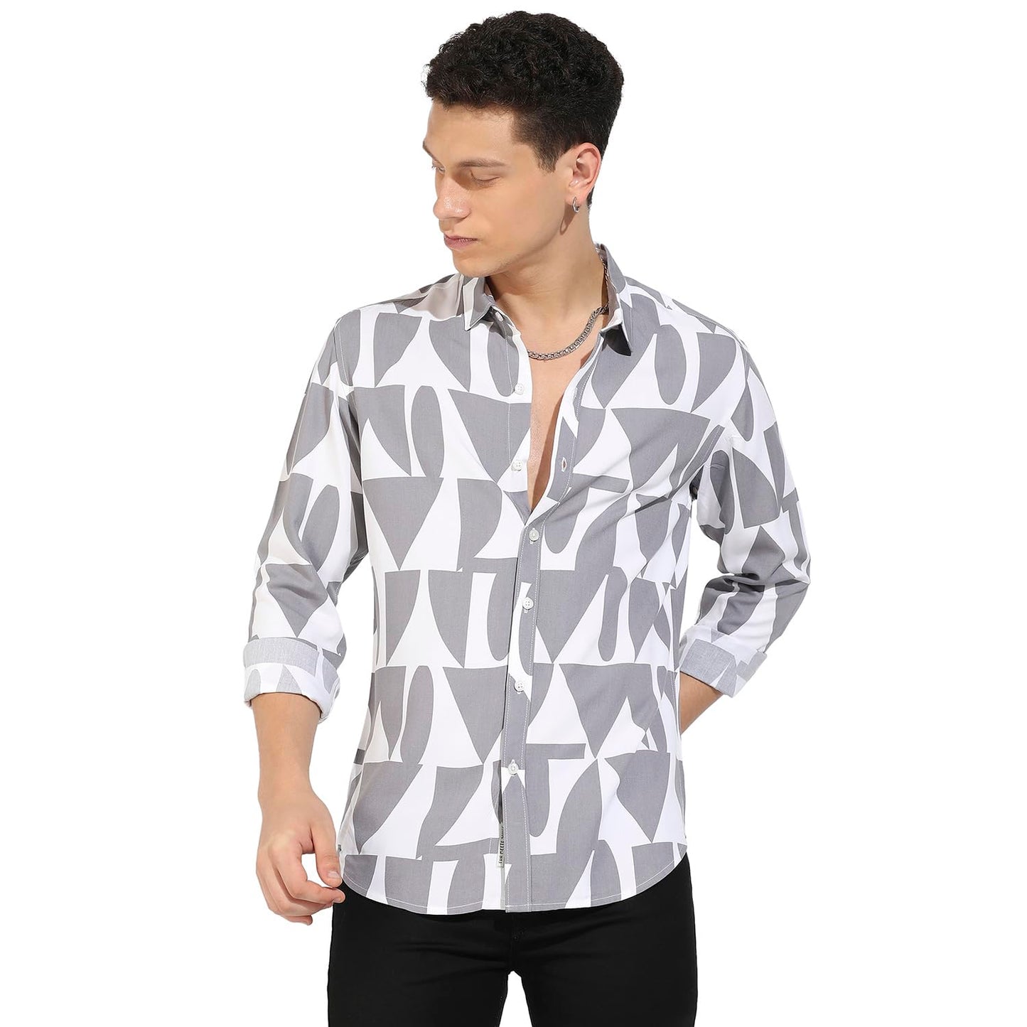 Campus Sutra Mens Dark Grey & White Abstract Block Shirt for Casual Wear | Spread Collar | Long Sleeve | Button Closure | Heavy