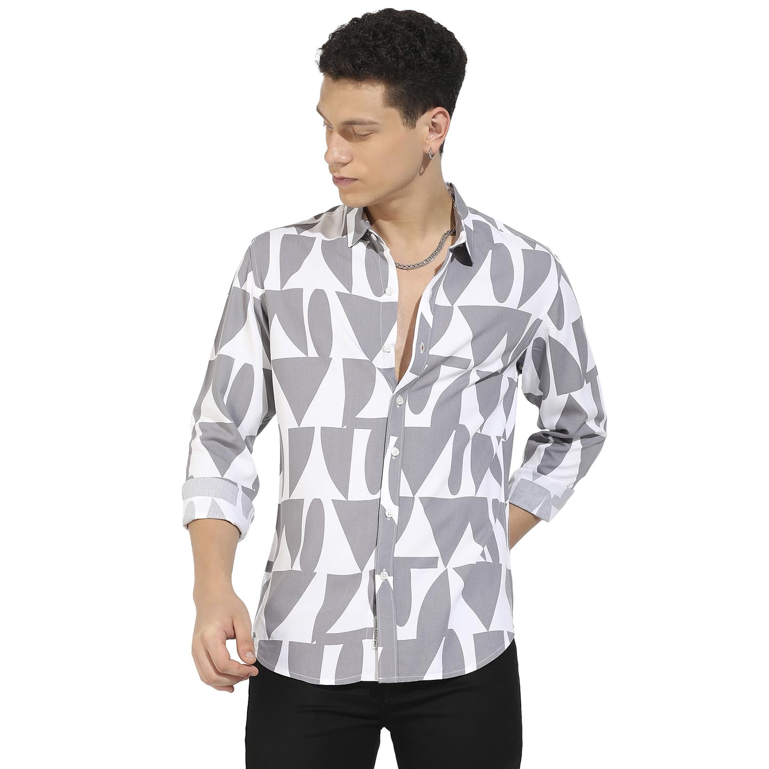 Campus Sutra Mens Dark Grey & White Abstract Block Shirt for Casual Wear | Spread Collar | Long Sleeve | Button Closure | Heavy