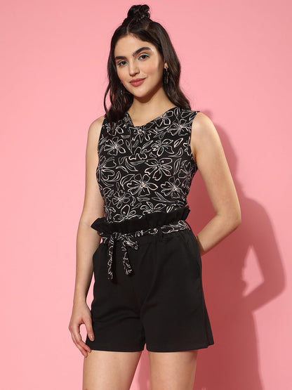 Juneberry Women Cotton Regular Fit Floral Print Black Co-Ords (Co0323_3005)