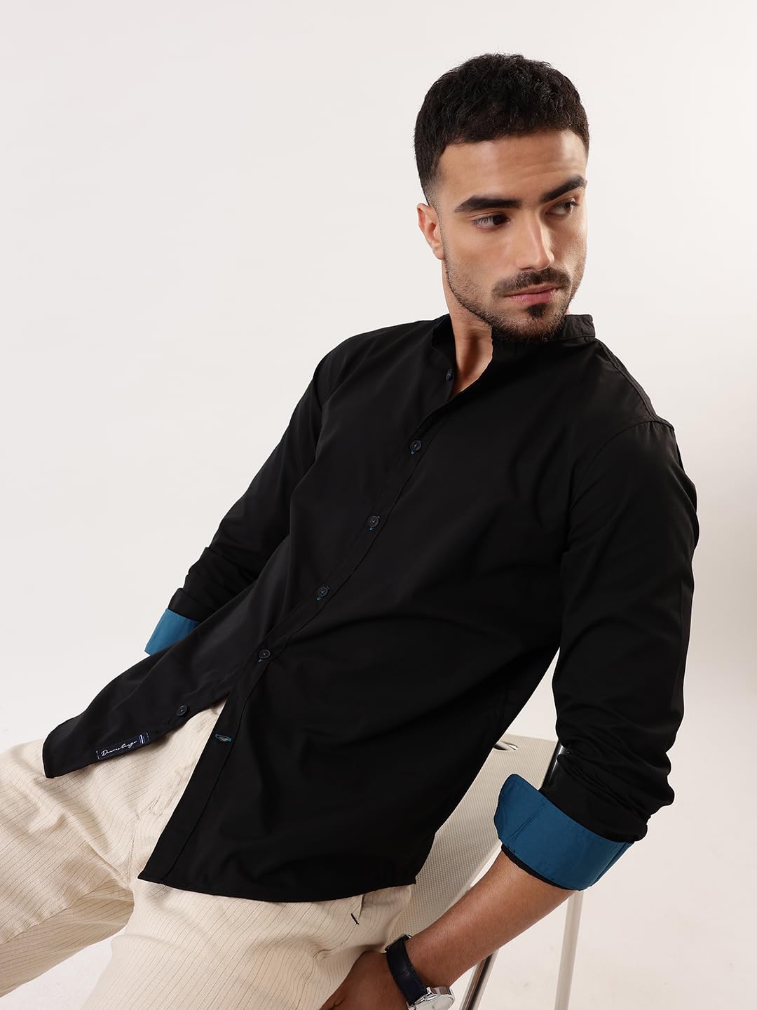 Dennis Lingo Men Black Solid Chinese Collar Full Sleeves Regular Fit Cotton Casual Shirt