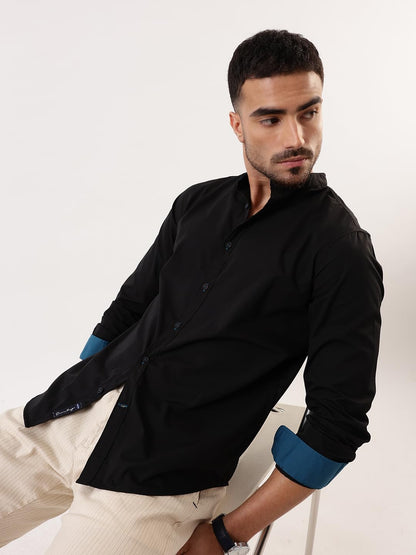 Dennis Lingo Men Black Solid Chinese Collar Full Sleeves Regular Fit Cotton Casual Shirt