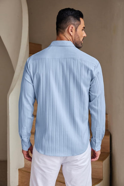 Deelmo MenS Button Down Dress Shirts Textured Long Sleeve Casual Hawaiian Beach Shirt Sky Blue