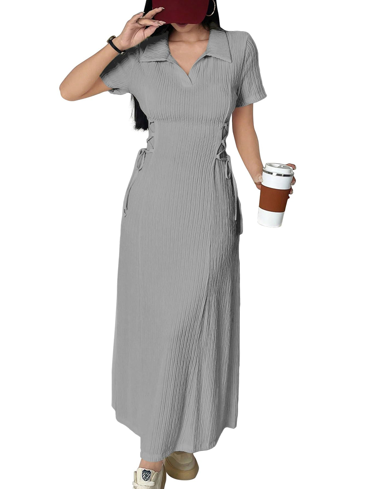 Shasmi Womens Grey Solid Color Applique Lace-Up Collared Short Sleeve, Side-Tie Waist Long Casual Maxi Women Dress Outfit Long E