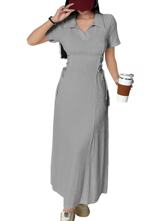 Shasmi Womens Grey Solid Color Applique Lace-Up Collared Short Sleeve, Side-Tie Waist Long Casual Maxi Women Dress Outfit Long E
