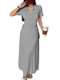 Shasmi Womens Grey Solid Color Applique Lace-Up Collared Short Sleeve, Side-Tie Waist Long Casual Maxi Women Dress Outfit Long E