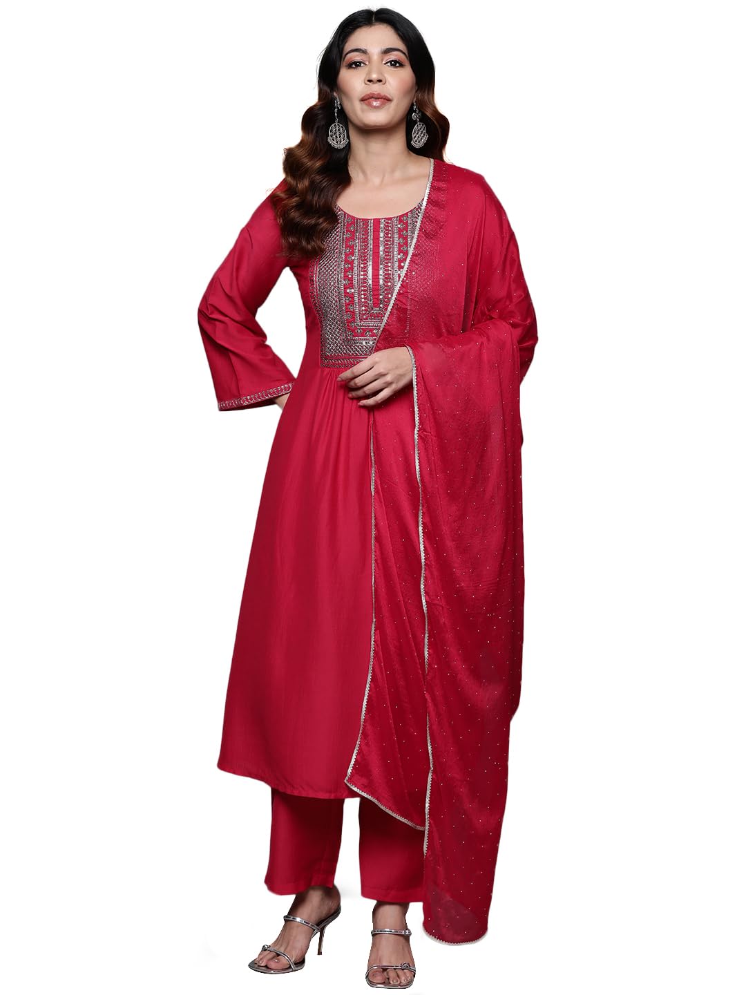 Libas Womens Yoke Design Silk Blend A-Line Kurta With Trousers And Dupatta