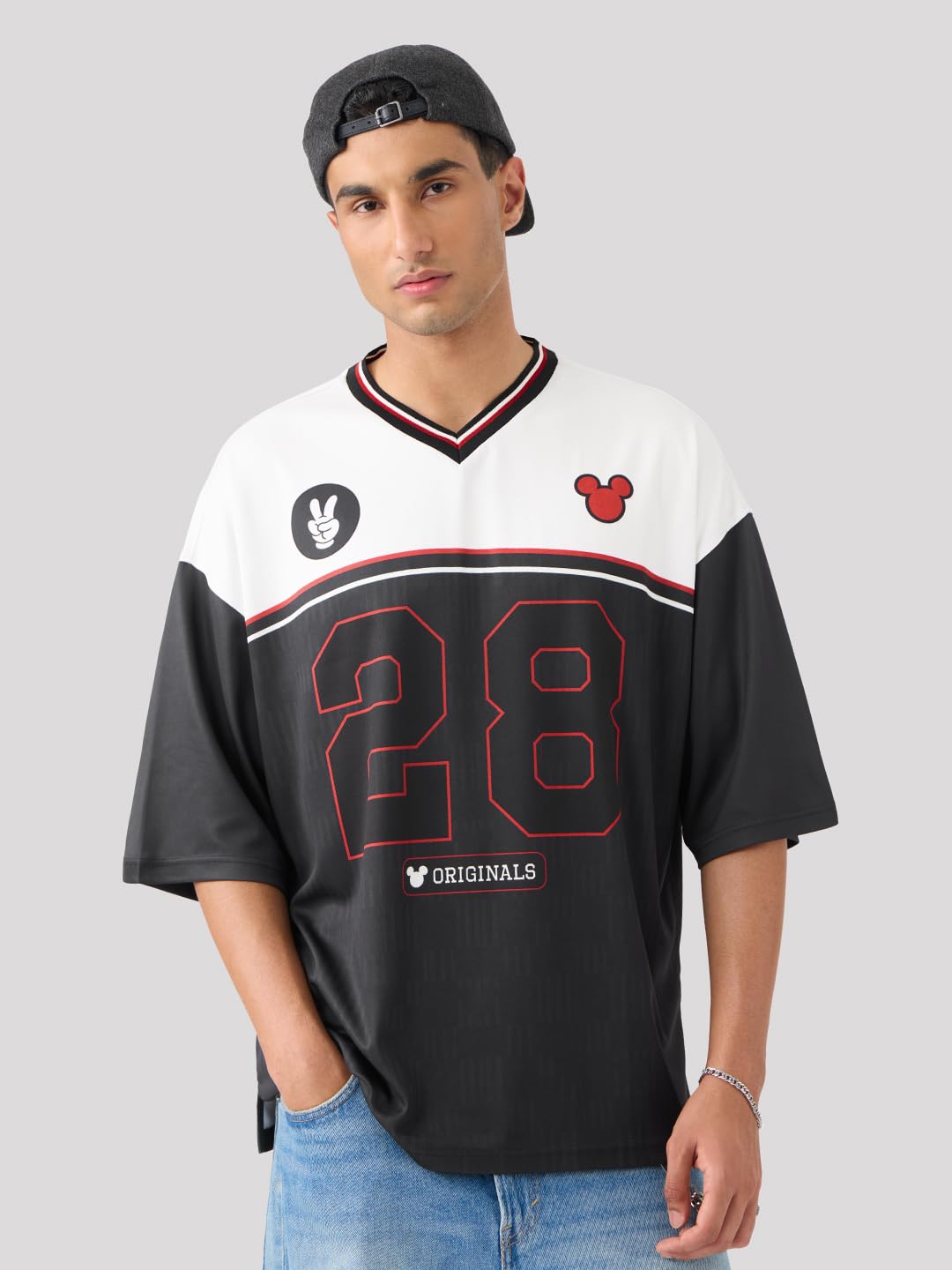The Souled Store Mickey Mouse: Slam Dunk Men and Boys Short Sleeves V-Neck Black and White Graphic Printed Polyester Oversized T