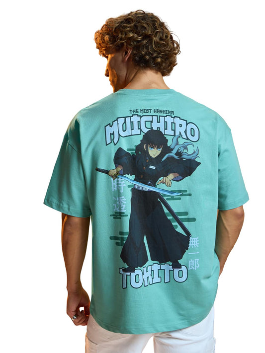 The Souled Store Demon Slayer: Muichiro Men and Boys Short Sleeves Round Neck Green Graphic Printed Cotton Lightweight Comfortab