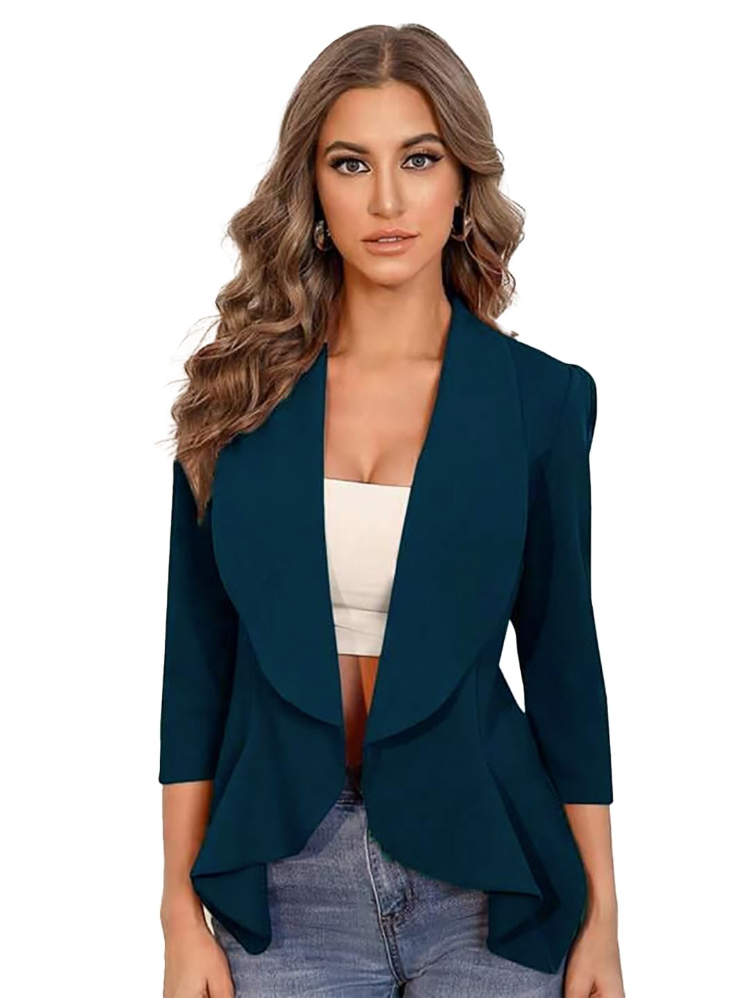 Kotty WomenS Single Breasted Relaxed Fit Shawl Collar 3/4 Sleeve Blazer Teal Green