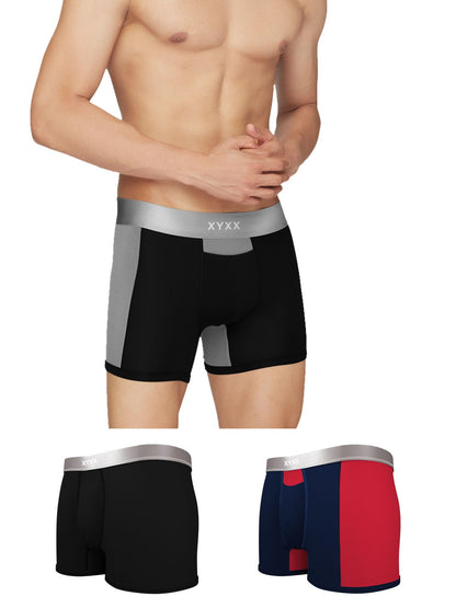 XYXX Mens Underwear Illuminati IntelliSoft Antimicrobial Micro Modal Trunk Pack of 3 (Black Iris & Tango Red ; Black & Steel Gr