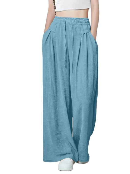 Greciilooks WomenS Loose High Rise Textured Trousers | High-Waisted Pant | Korean Trousars Light Blue