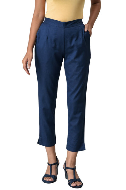 Aurelia Blue Cotton Blend Solid Regular Trousers