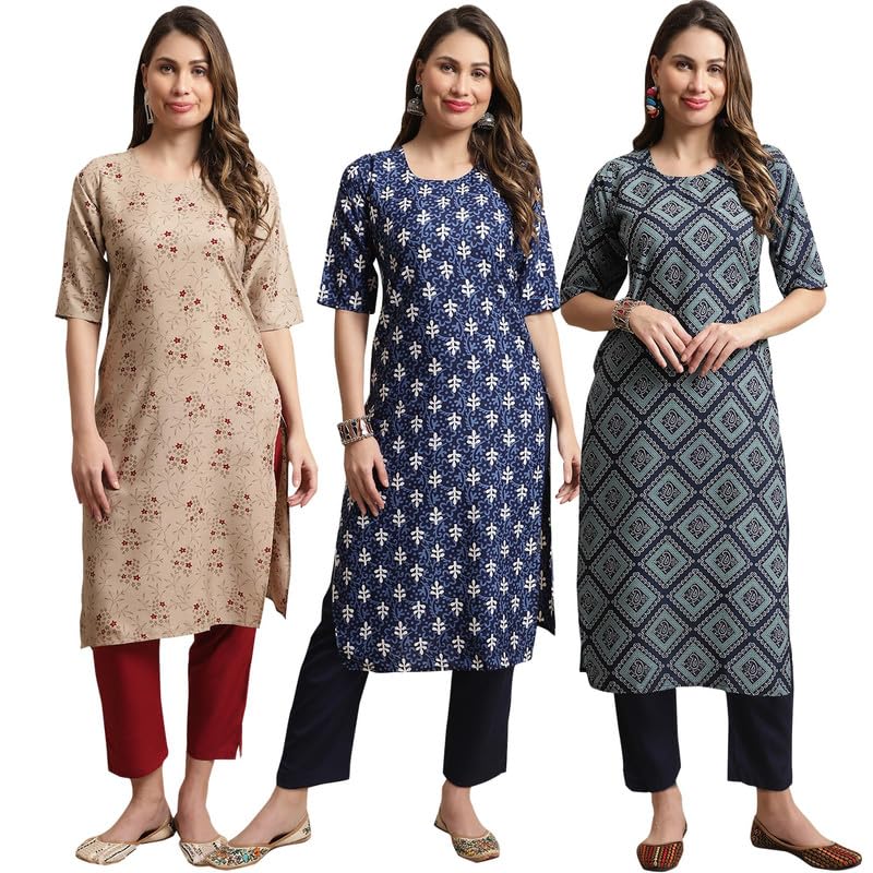 Pinkmint Straight Crepe Kurta & Pant For Women Ethnic Kurta Set For Women (Pack Of 3)