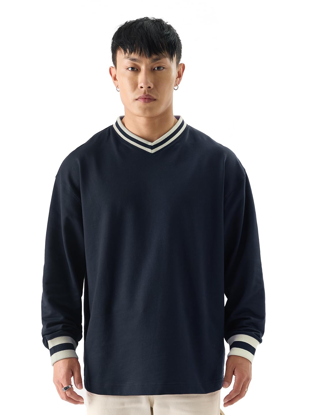 The Souled Store Solids: Navy Men and Boys Full Sleeve V- Neck Oversized Fit T-Shirts Oversized Mens T-Shirts Solid Basic Tees