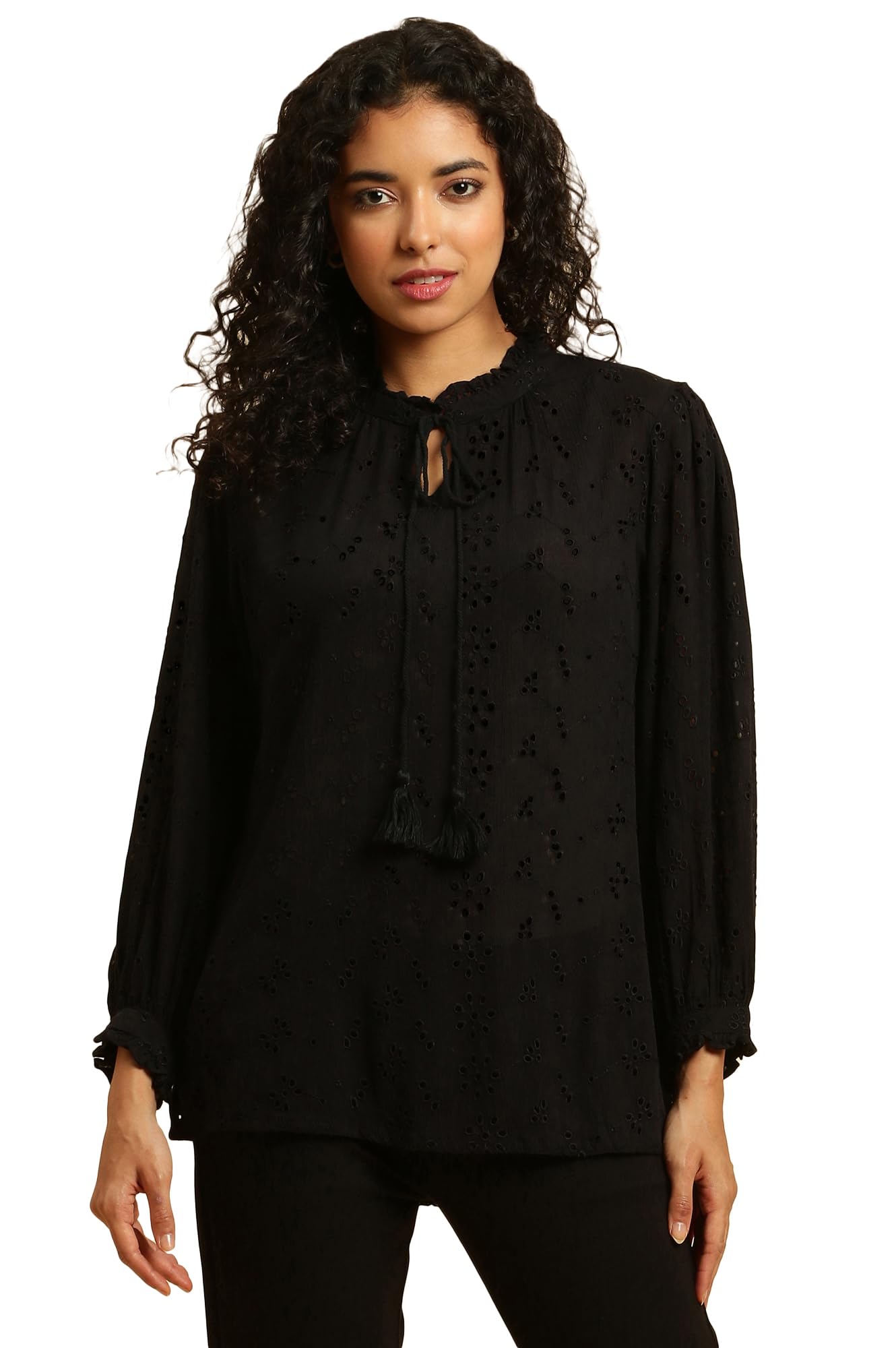 W for Woman Womens Solid Regular Fit Top (23AUW30630-820738_Black