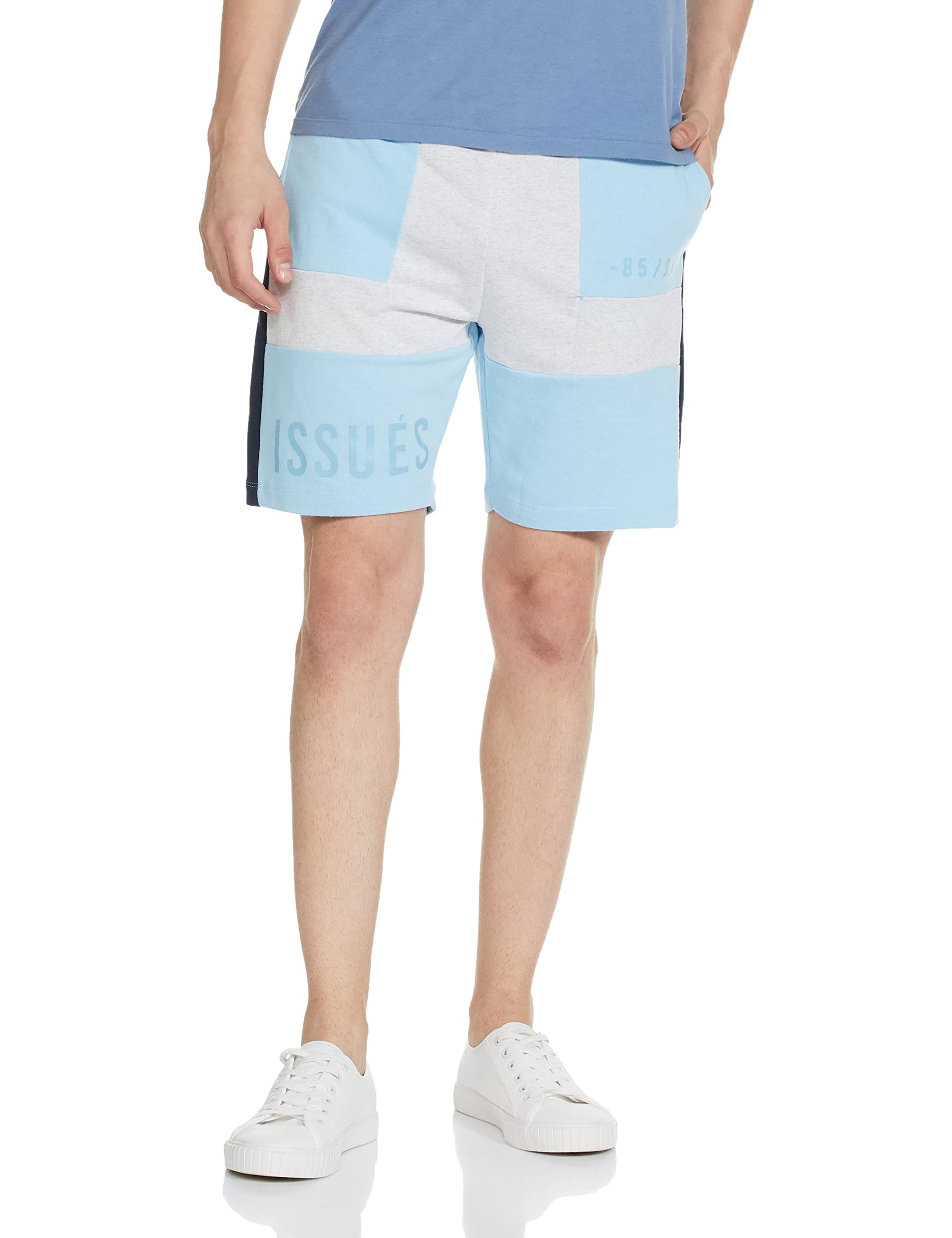 The Indian Garage Co Men Regular Fit Placement Print Mid-Rise Knitted Shorts Sky Blue