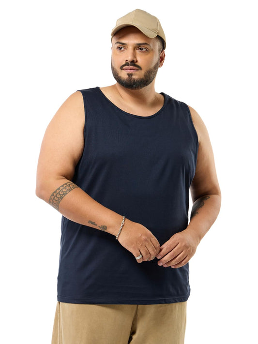 Bewakoof Mens Solid Regular Fit Sleeveless Round Neck Cotton Jersey Plus Size Vest_603276_Blue_3XL