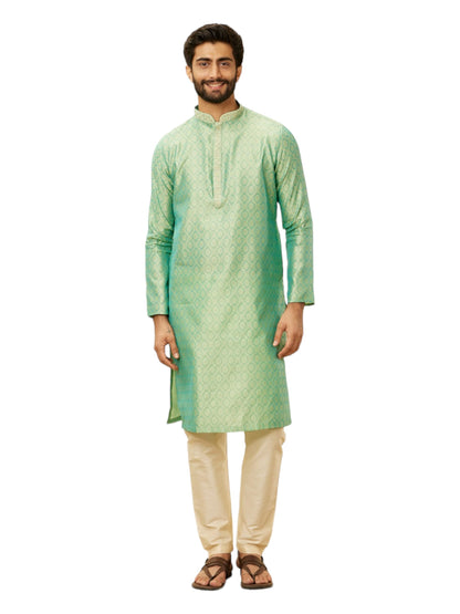 Manyavar Mens Green Art Silk Self Design Kurta Pyjama Set