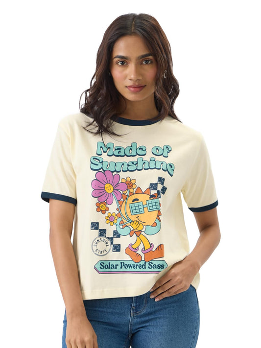 The Souled Store Made of Sunshine Women and Girls Short Sleeve Round Neck Yellow Graphic Printed Regular Fit Cotton T-Shirts