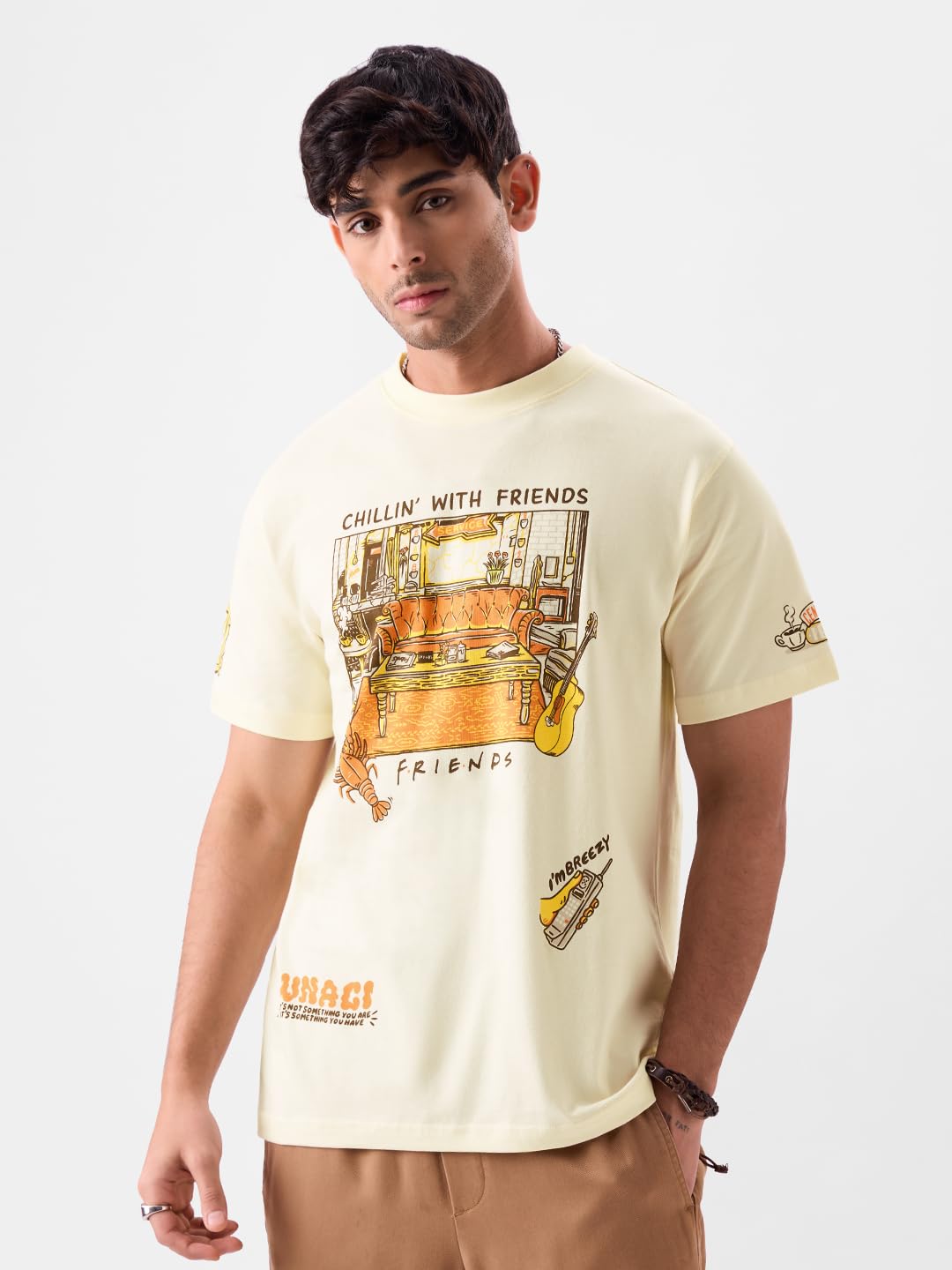 The Souled Store Official F.R.I.E.N.D.S: Chillin Men and Boys Regular Fit Half Sleeve Graphic Printed Cotton Yellow Color T-Shi
