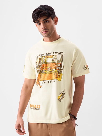 The Souled Store Official F.R.I.E.N.D.S: Chillin Men and Boys Regular Fit Half Sleeve Graphic Printed Cotton Yellow Color T-Shi