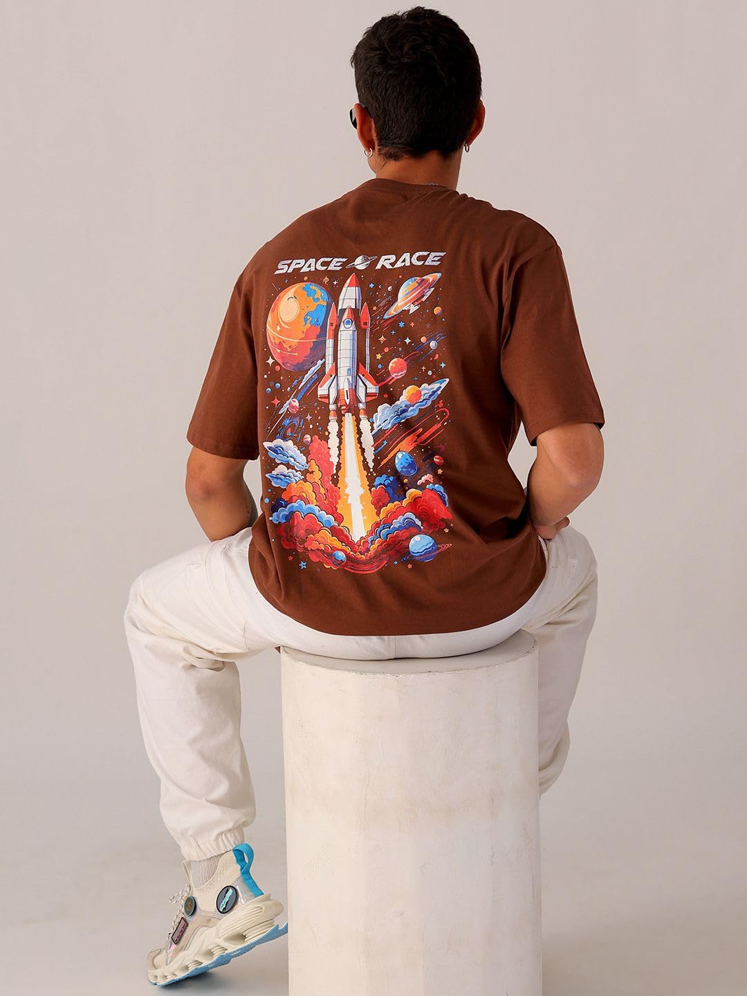 The Indian Garage Co Men Boxy Oversized Graphic Back Printed Round Neck Tshirt