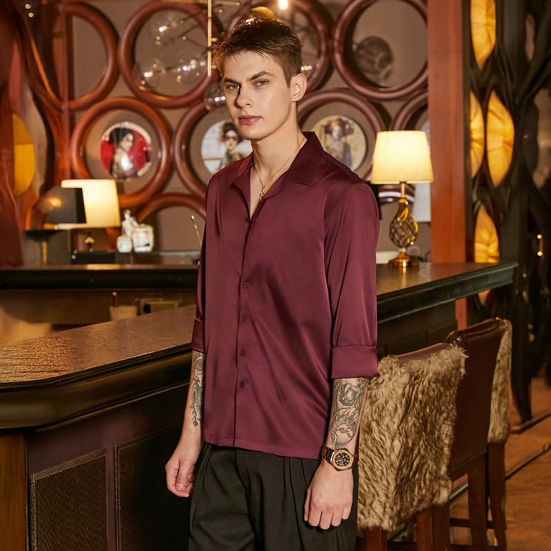 Campus Sutra Mens Burgundy Red Solid Cuban Shirt for Casual Wear | Cuban Collar | Long Cuffed Sleeves | Button Closure | Shirt