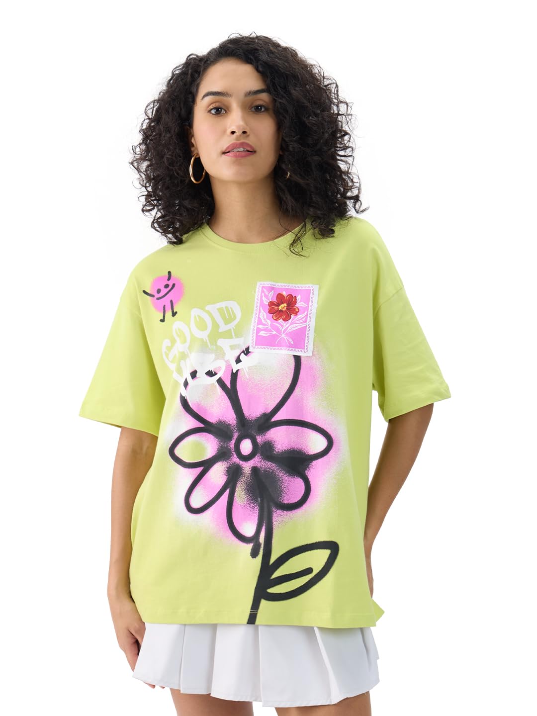 The Souled Store Good Vibes: 100% Cotton Women & Girls Short Sleeve Round Crew Neck Green Graphic Printed Oversized T-Shirts
