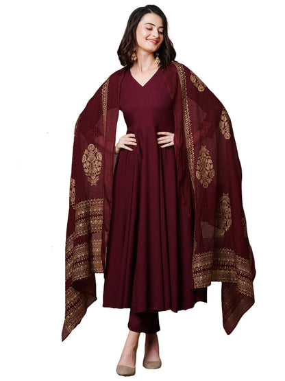 Gosriki WomenS Rayon Blend Solid Anarkali Kurta With Pant & Dupatta (Magic-Wine-Nb-Gs_Xl_Wine_X-Large)