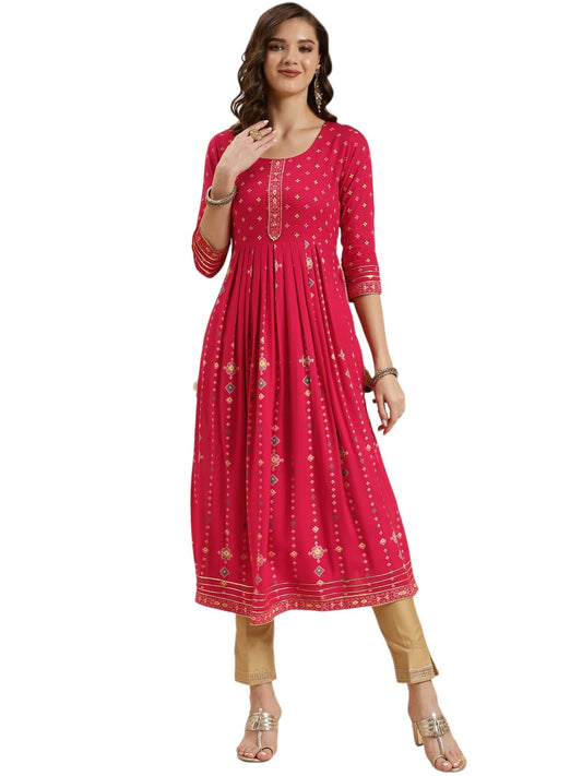 rangita Pink Rayon Calf Length Printed Nayra Kurti for Women | Kurta for Women