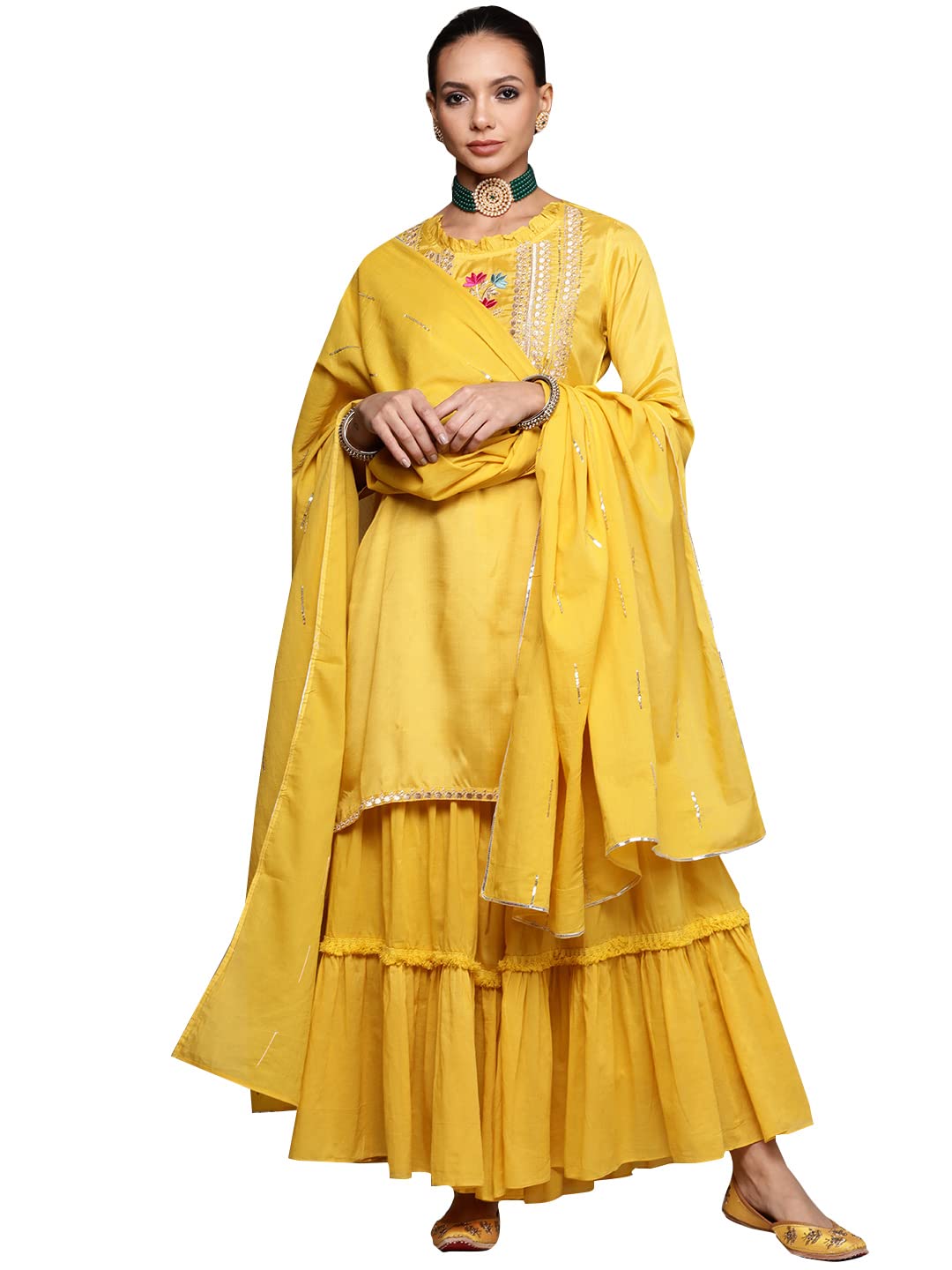 ishin Women's Yellow Embroidered Straight Kurta set With Sharara And Dupatta