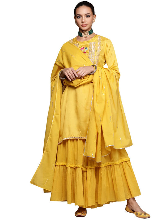 ishin Women's Yellow Embroidered Straight Kurta set With Sharara And Dupatta
