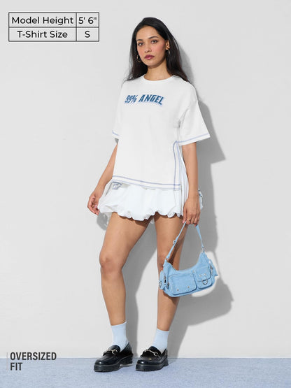 The Souled Store Oversized T-Shirt: 99% Angel Women and Girls Short Sleeves Round Neck White Graphic Printed Cotton Oversized T-