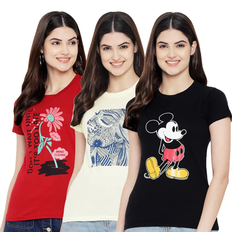 Preneum Womens Cotton Regular Fit Latest Graphic Stylish Printed Short Sleeves Casual T-Shirt || Trending & Styles (Pack 3), Re