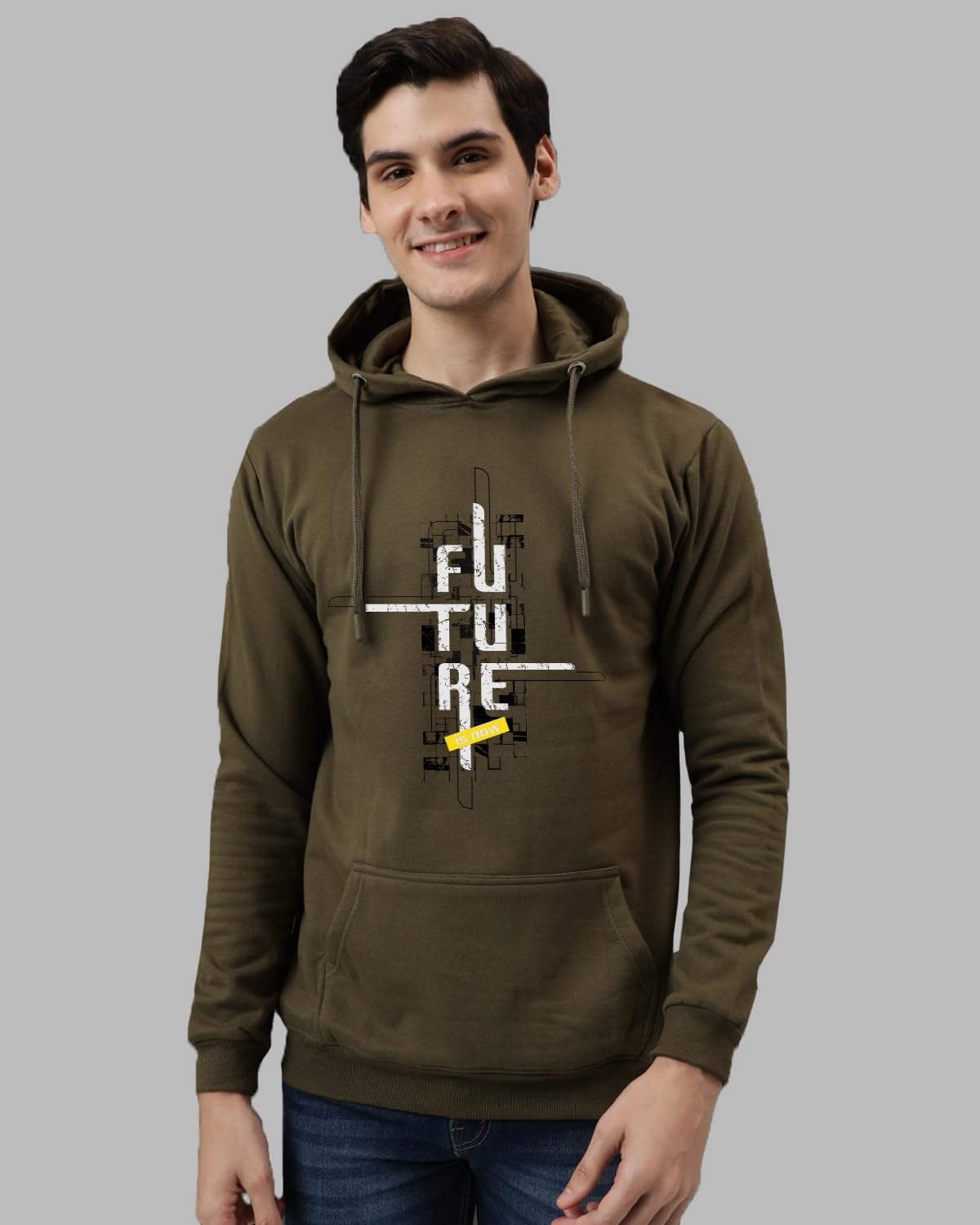 ADRO Men's Cotton Blend Neck Hooded Sweatshirt (H24-FTR-OL_Olive