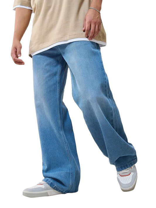 Bewakoof Mens Solid Wide Leg Cotton Baggy High Rise Jeans_624692_Blue_32
