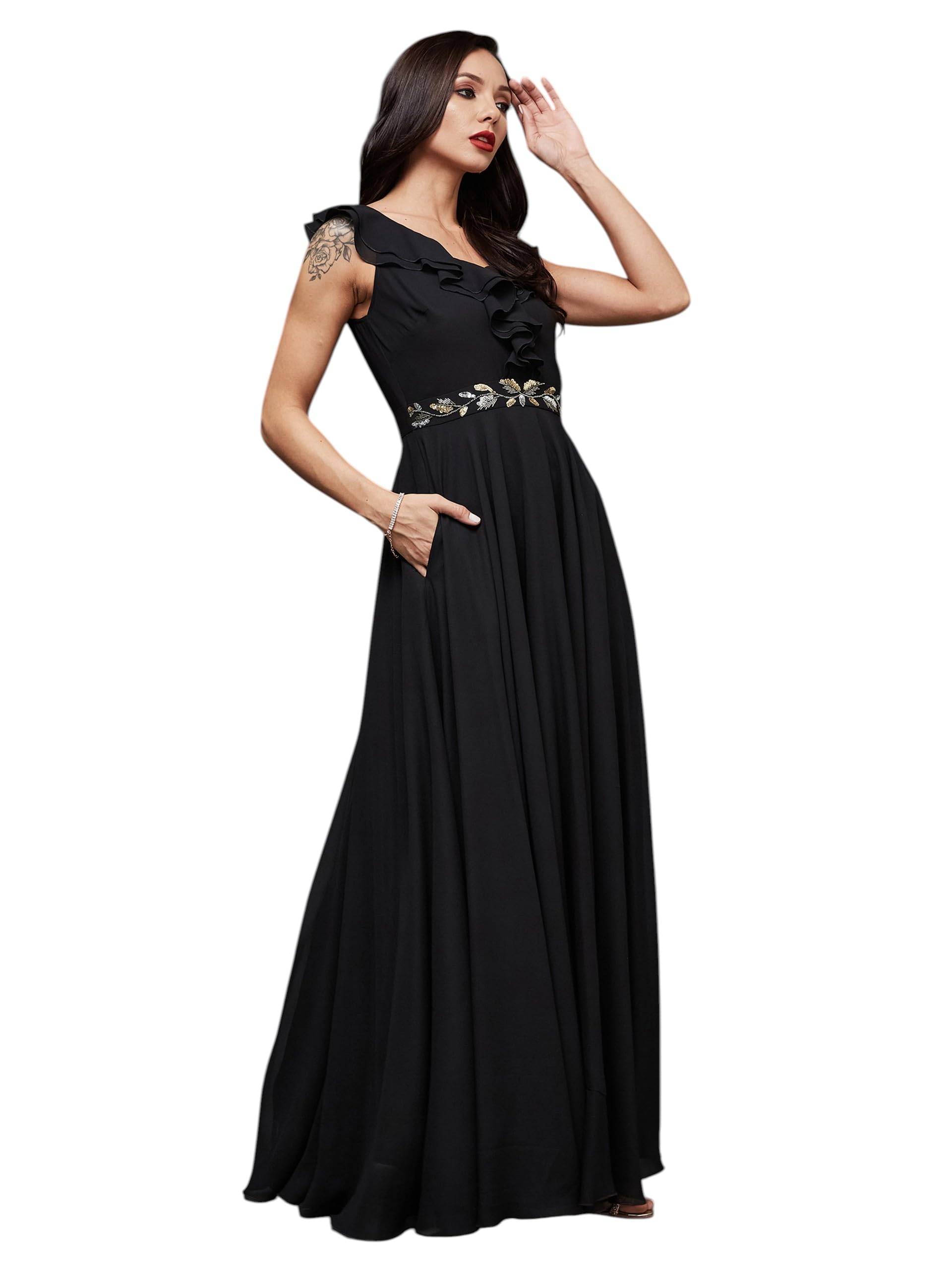 Miss Chase Womens Sleeveless Embroidered Ruffled Maxi Dress (MCSS25D91-88-381-06, Midnight Black, XL)