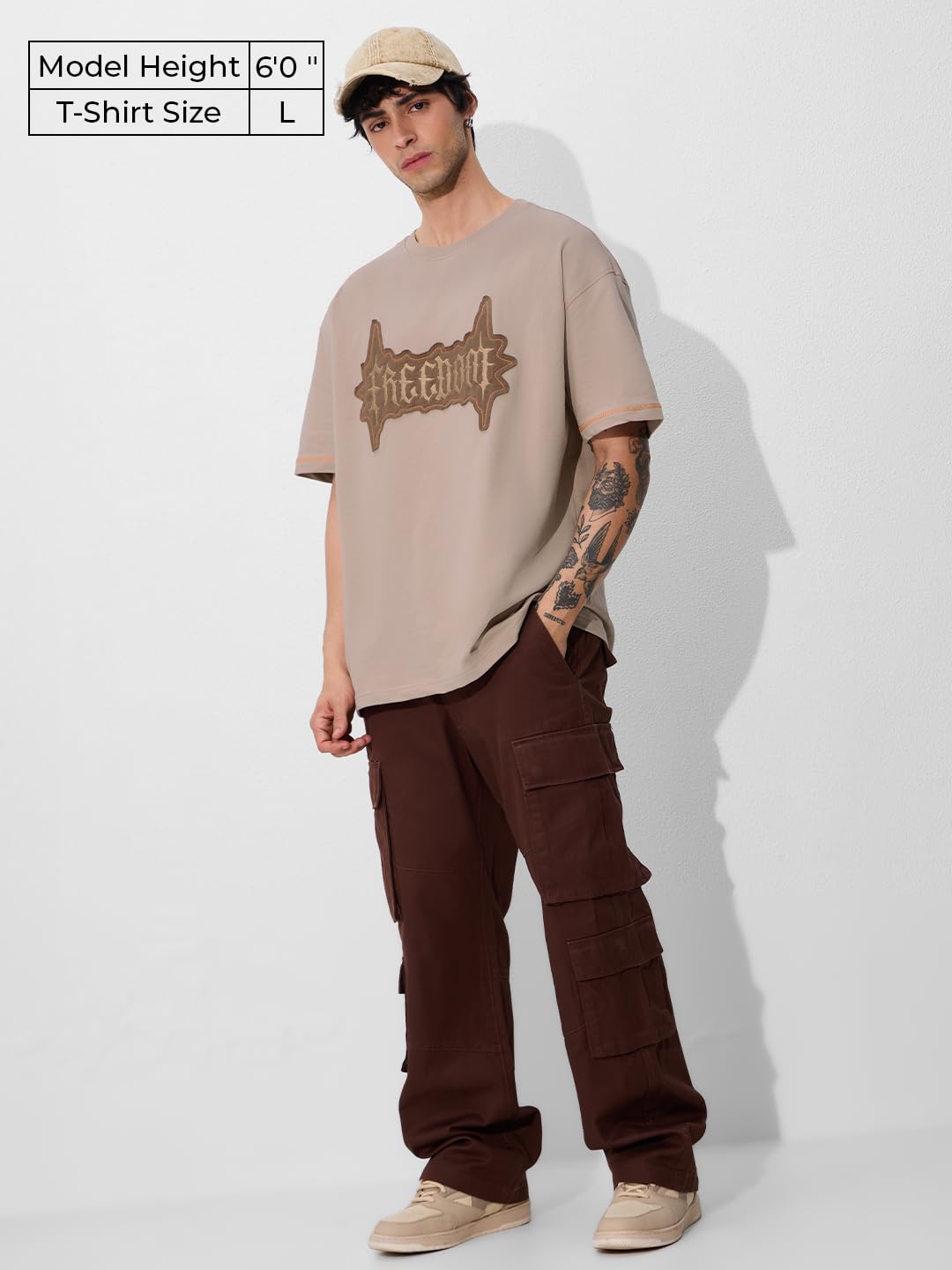 The Souled Store Originals Patchwork T-Shirt : Freedom Oversized T-Shirt for Men Boys Cotton Casual Half Sleeves Baggy Loose Fit