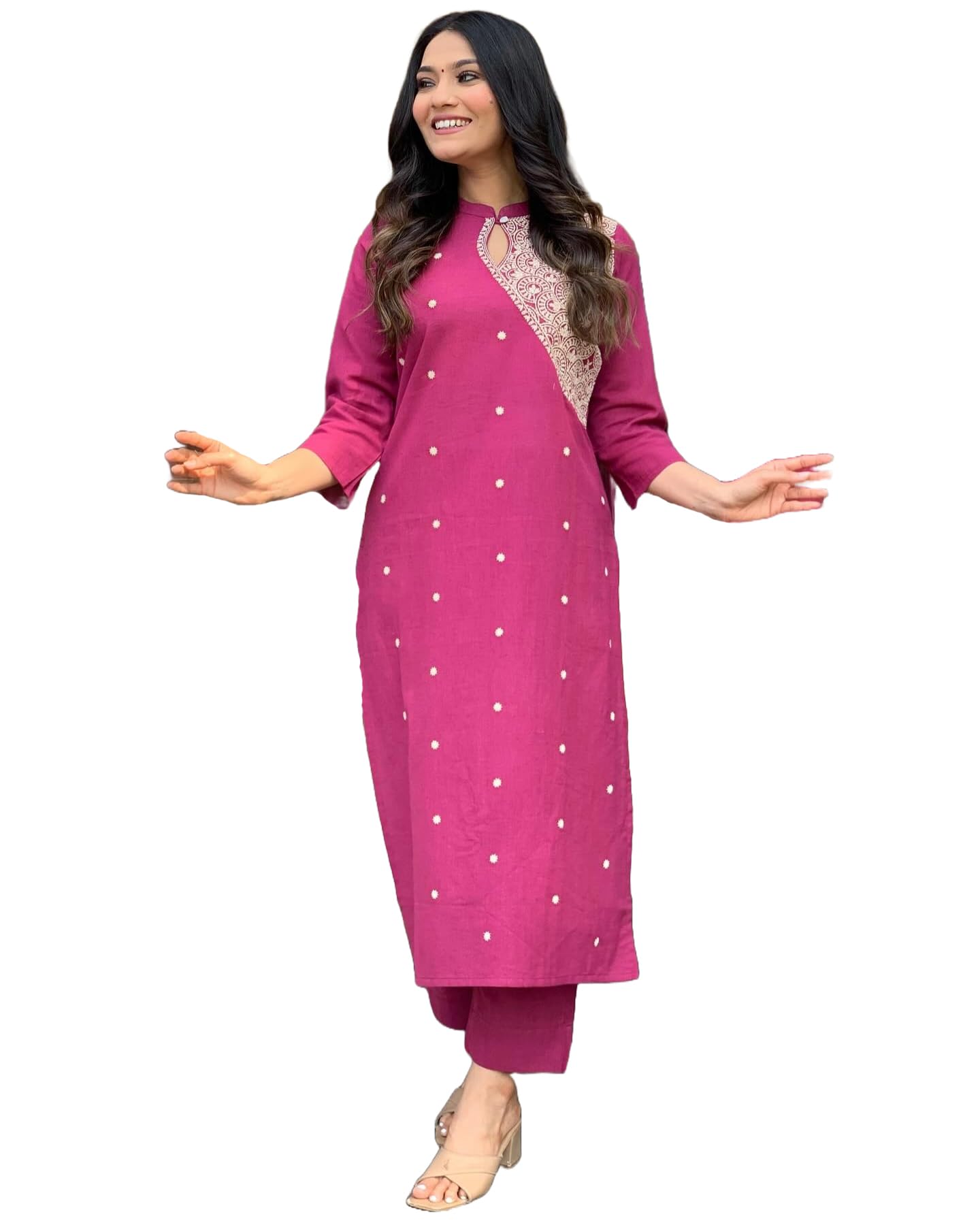 ANNI DESIGNER Womens Cotton Blend Straight Embroidered Kurta with Pant (KAMAKSHI Pink_S_Pink_Small)
